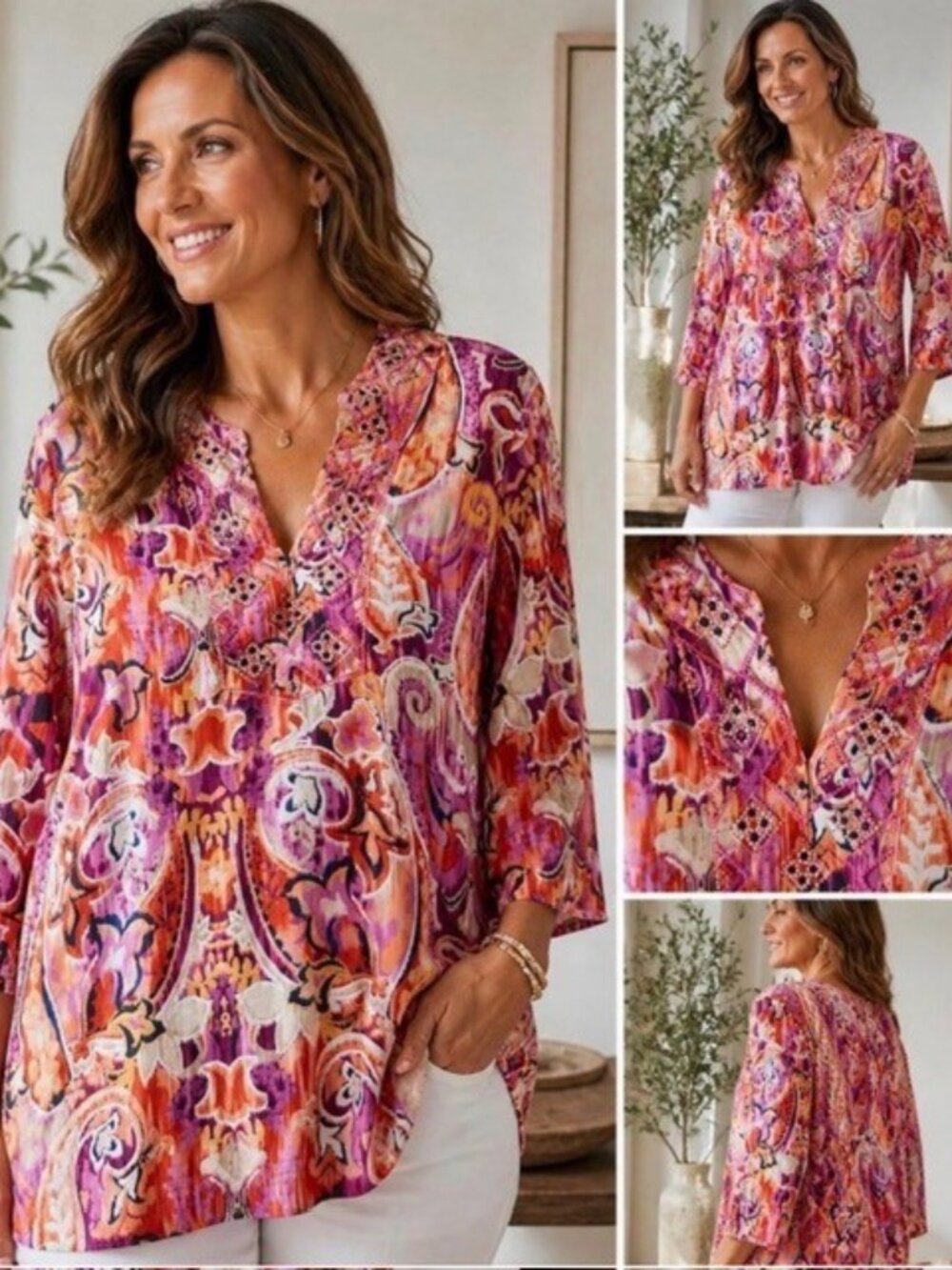 Chico's 40th Anniversary Beaded Paisley Tunic Blouse Sz 1